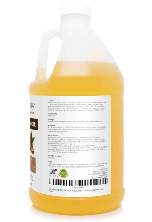 velona Argan Oil - 1 Gallon / 128 Fl Oz | 100% Pure and Natural | Morocco Oil | Skin, Body and Face Care | Nails Protector | Unrefined, Cold Pressed | Cap Kit