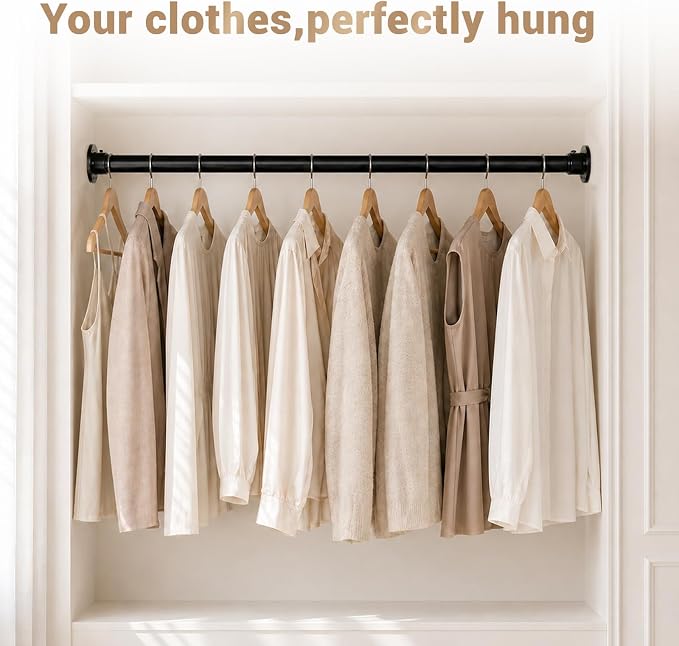 Closet Rod Adjustable 17 to 98 Inch, 1-1/4” Diameter, Closet Rods for Hanging Clothes, Stepless Metal Heavy Duty Hanging Rod for Closet Wardrobes Laundry RV (Black)