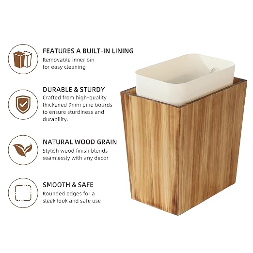 Coeusy 2 Gallon Wooden Trash Can with Liner, Small Bathroom Trash Can, Farmhouse Decorative Narrow Garbage Can, Solid Wood Waste Basket for Bedroom,Office,Toilet