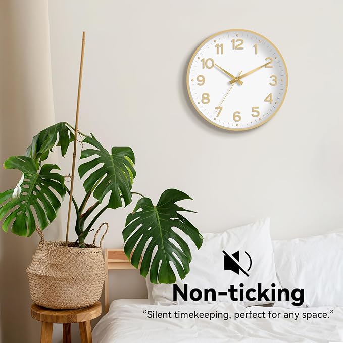 Roymnie Wall Clock, 10 Inch Silent Wall Clocks Battery Operated-Modern Non Ticking Analog Clock Decorative for Kitchen Bedroom Office Bathroom(White Gold)