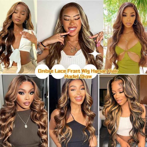 Sunelk 13x6 Lace Front Wigs Human Hair 200 Density Honey Blonde Ombre Highlight Body Wave Lace Front Wigs Human Hair Pre Plucked HD Lace Frontal Glueless Wig for Women 4/27 Colored 22 Inch