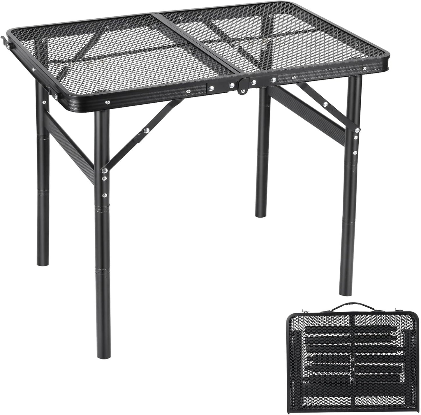 Camping Table Grill 4 Height Adjustable Small Folding 2FT Foldable Picnic Portable Grill Stand Mesh Outdoor Beach BBQ RV Black