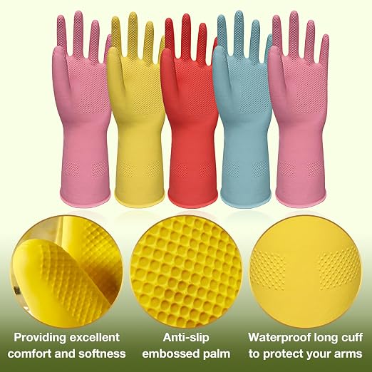 Kitchen Gloves for Washing Dishes - 5 Pairs Rubber Cleaning Gloves for Household Cleaning Gardening, Non-Slip Dishwashing Gloves Reusable for Women Men Large