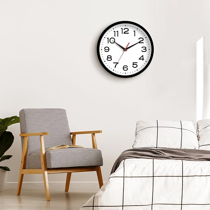 Roymnie Wall Clock Silent Non-Ticking Modern Clock Battery Operated 10 Inch Classic Analog Decorative for Classroom, Living Room, Office, Bedroom, School, Hotel (Black)