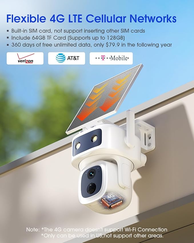 SANSCO 4G LTE Cellular Security Camera Wireless Outdoor, 360 Days Free Unlimited Data, Built-in SIM Card 64GB, 360° PTZ, No WiFi Solar Powered, 2K Color Night Vision, 2 Way Audio, Motion Detection