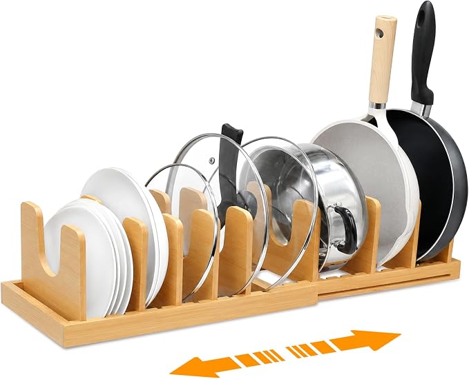 MinBoo Bamboo Expandable Pot Lid Organizer, Pot and Pan Organizer Drawer Organizer for Pot Lids, Adjustable 10 U-Shaped Dividers for Kitchen Cabinet Organizers and Storage (Bamboo-1)