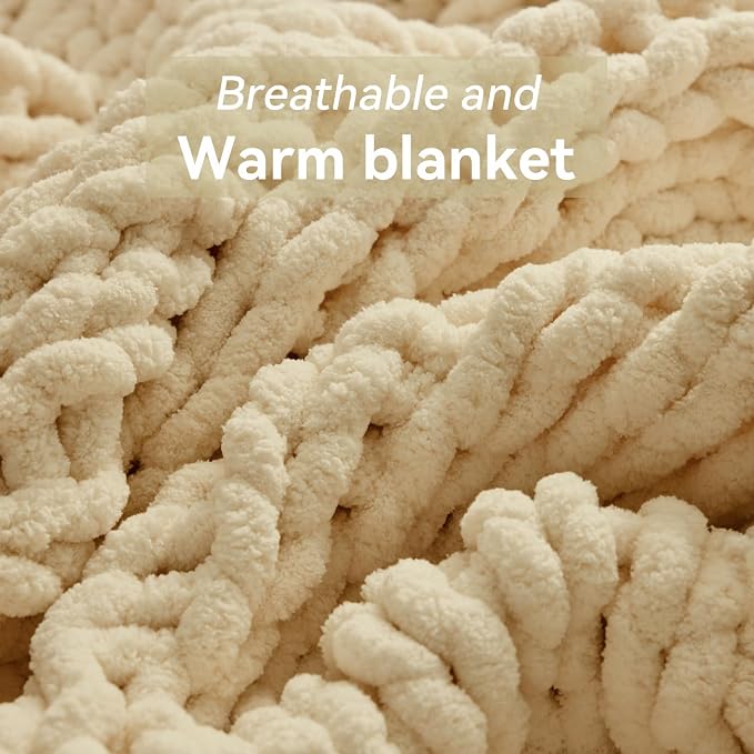 Negwoo Chunky Knit Throw Blanket, 40''*50'' Knitted Throw Chenille Yarn for Bed Couch, Handmade Oatmeal Crochet Big Thick Blanket, Machine Washable Cute Comfy Blanket for Home Decor