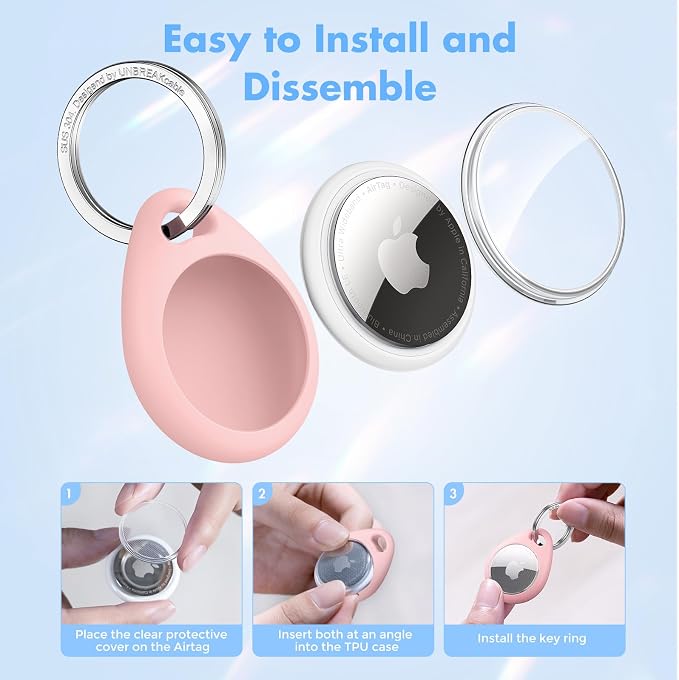 UNBREAKcable Holder for Apple AirTag - 4 Pack [Fit Tightly Design] [Easy to Install] [Hold Air Tag Securely] Waterproof TPU Shell Protective Case with All Metal Keychain Key Ring Clip