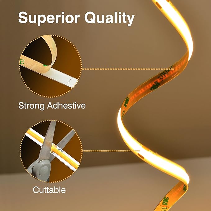 Pandery COB LED Strip Lights Warm White,24V Dimmable led Light Strip KIT with Remote and app Control,3000K 25FT/7.5m 8mm Wide Ra>90 Cuttable Flexible Strip Lights for Bedroom,Wardrobe,Cabinet