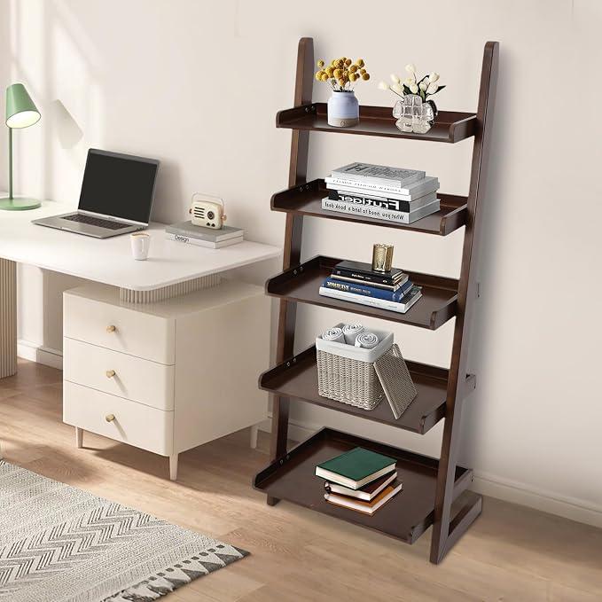 Ladder Bookshelf, 5 Tier Leaning Bookshelf Leaning Ladder Shelf with Stable Structure Rustic Style Ladder Shelves Storage Rack for Living Rooms, Bedrooms, Study Rooms (Walnut-Brown)