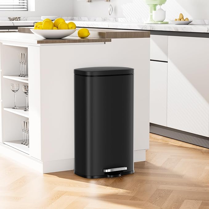 Arlopu13.2 Gallon Step Trash Can, Stainless Steel Garbage Bin, Soft-Close Rubbish Bin with Removable Plastic Inner Bucket, Fingerprint-Proof, Lid Dustbin, Suit for Kitchen Home (Black, 50L)