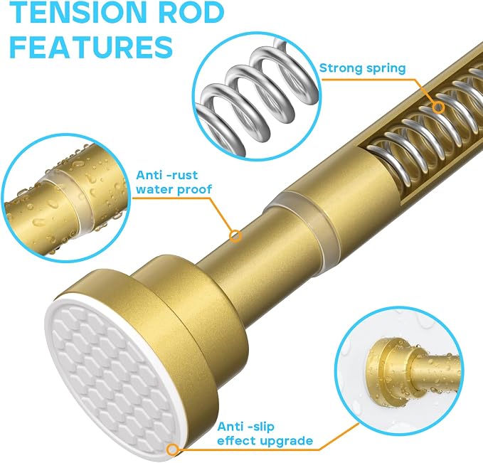 MEXAU Tension Curtain Rod For Window 45-77 Inches Adjustable Expandable Gold Spring Tension Rod Spring Curtain Rods No Drilling Extension Rods Tension Rod for Closet Doorway Kitchen