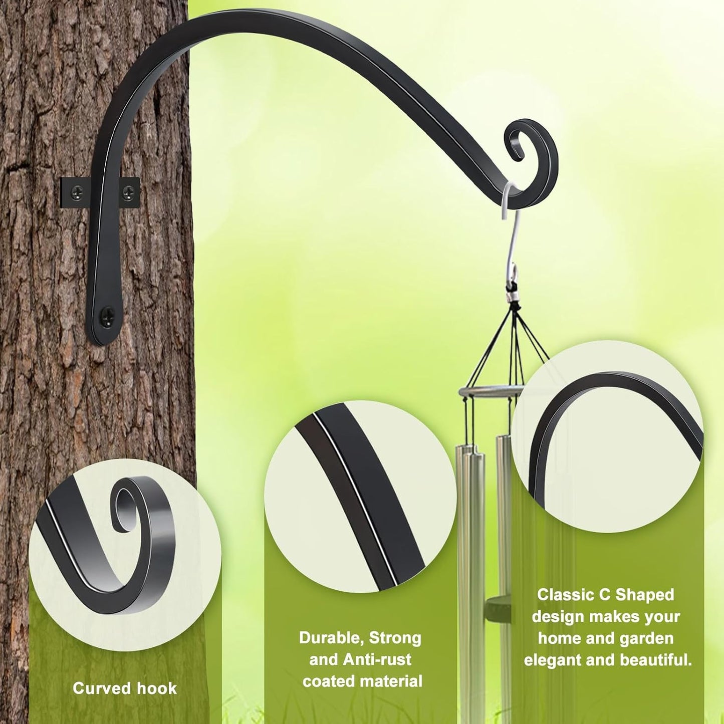 FEED GARDEN 2 Pack 12 Inch Hanging Plant Bracket Wall Hooks Decorative Plant Hangers for Outdoor Hanging Bird Feeders, Wind Chimes, Plant Baskets, Black