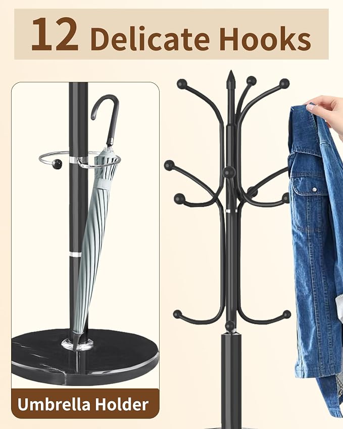 Modern Coat Rack Stand, Metal Freestanding Coat Rack with Natural Marble Base, Heavy-Duty Coat Racks with Umbrella Holder,Black Coat Hanger Stand with 12 Hooks for Office, Entryway, Hallway