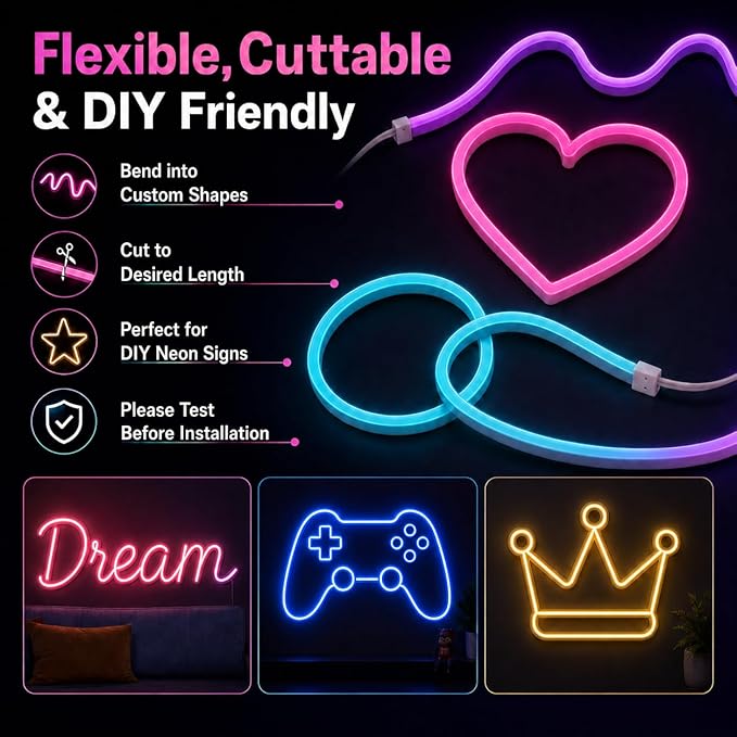 Neon Rope Lights - 16.4Ft Flexible LED Rope Lights,24V RGB Rope Lights Control with App/Remote Multiple Modes,DIY Design, IP65 Waterproof Strip Lights for Bedroom Room Outdoors Decor
