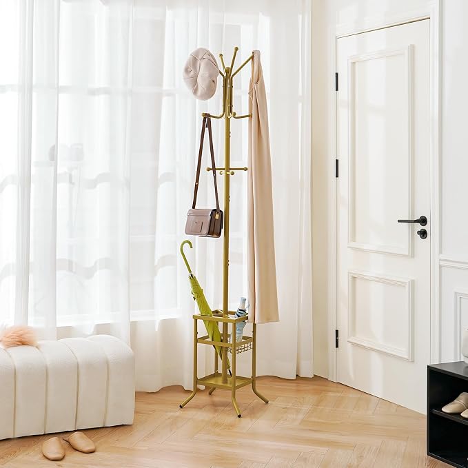Yoobure Coat Rack Freestanding - Coat Tree with Umbrella Holder, Metal Coat Rack Stand with 12 Hooks, Modern Coat Hanger Stand for Entryway, Purse Rack Hat Rack Stand for Living Room Bedroom Office