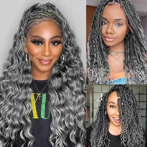 KRN Grey Deep Wave Bulk Human Braiding Hair 2 Bundles/Pack 100g Curly for Boho Braids 12A Salt And Pepper No Weft Wet and Wavy Gray 18Inch