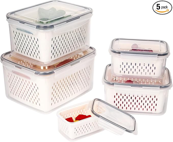 5 PCS Fruit Storage Containers for Fridge Produce Containers for Fridge with Removable Colander Berry Storage Containers Veggie BPA-Free Plastic Crisper for Long-Term Freshness