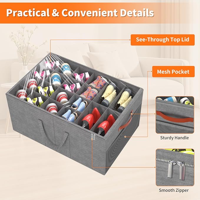 Aokeyee 2 Pack Shoe Organizer for Closet, Large Shoe Storage Box Fits up to 48 Pairs, Space Saving Foldable Shoes Organizer Bin w/Clear Cover and 4 Reinforced Handles, Grey