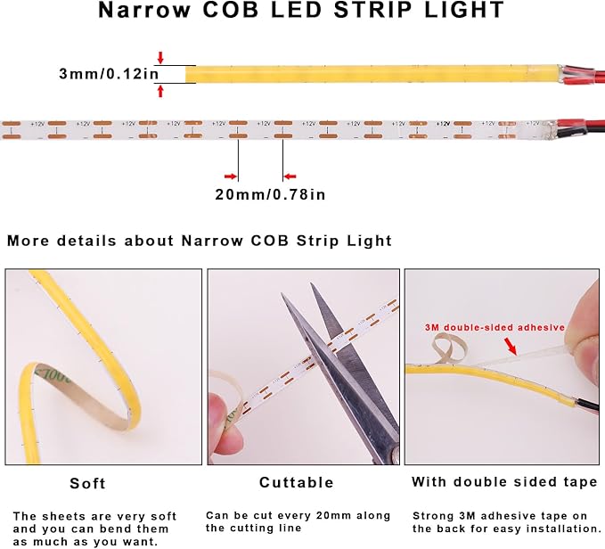 TOPAI 12V Thin 3mm COB LED Strip 4000K Natural White 16.4ft Bright CRI>90 Uniform Dotless 400LEDs/M Adhesive Flexible Cuttable LED Tape Light for DIY, Bedroom, Under Cabinet Lighting