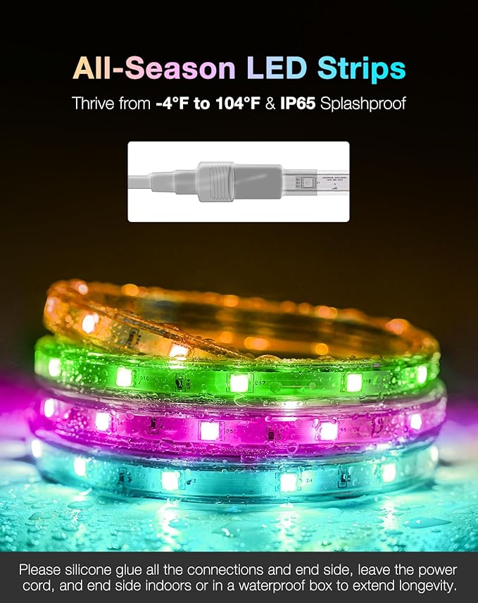 Shine Decor 120V RGB LED Strip Light Remote Control, Cold Resistant IP65 Waterproof Outdoor Strip Lighting Color Changing, Connectable Lite Multicolor Lighting Strip 7x13mm, 65 FT 600 LEDs ETL Listed
