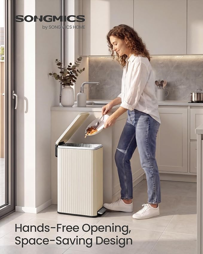 SONGMICS Trash Can, 13 Gallon (50 L) Slim Garbage Can for Kitchen, with Soft-Close Lid, Pedal, Removable Inner Bucket, Stainless Steel, 15 Trash Bags, Space-Saving, Cream White ULTB350LZ01