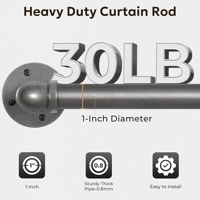 Zeerobee Curtain Rods for Windows 32 to 72, 1 Inch Industrial Wrap Around Grey Curtain Rod, Indoor/Outdoor Room Divider Adjustable Drapery Pole, 32"-72"