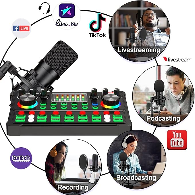Podcast Equipment Bundle, 48V XLR Podcast Microphone Bundle, Voice Changer with Adjustable Mic Stand, Studio Condenser Microphone for Smartphone, PC, DJ, Video Recording, Streaming, Gaming and Singing