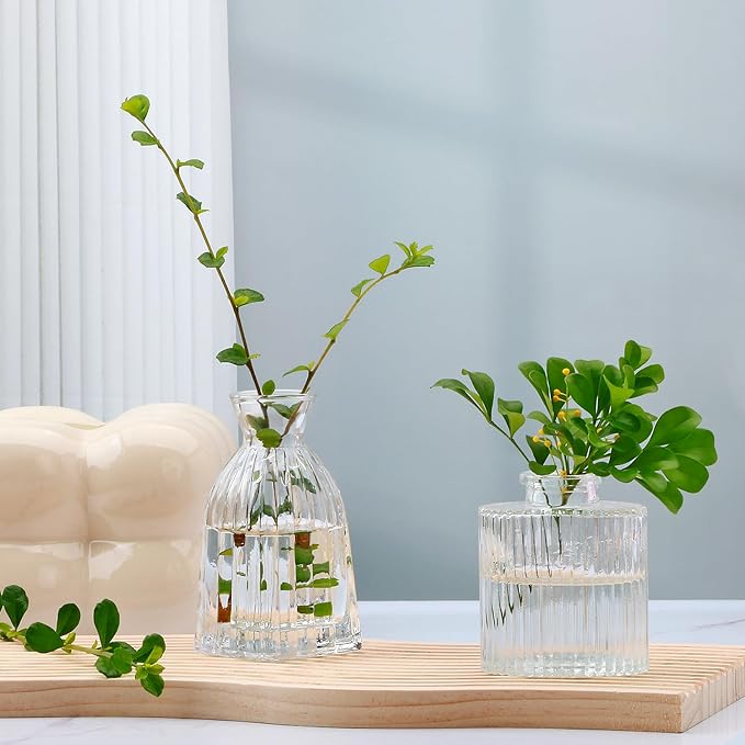 Mapoxy Glass Bud Vases Set of 4,Small Flower Vases for Wedding Centerpiece Table Decorations,Clear Vintage Embossed Mini Vases,Flower Arrangements in Vases for Party or Home Decor