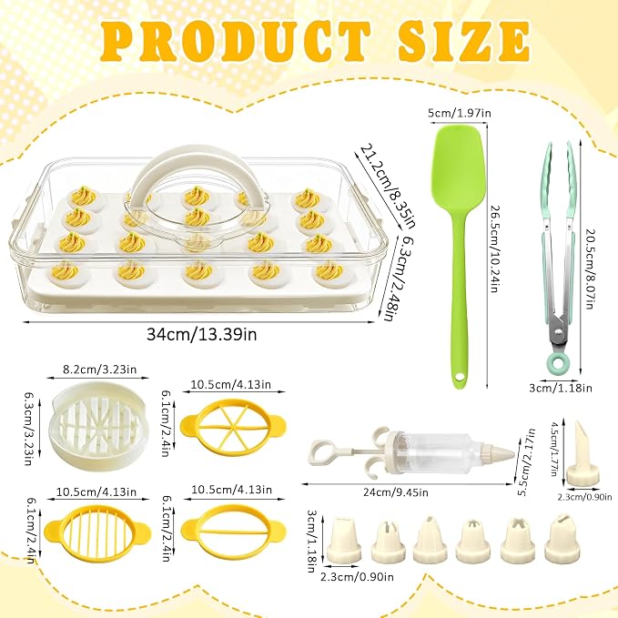 20 Deviled Egg Containers with Lid & Handle,Egg Holder for Fridge PET Thickened Eggs Organizer for Refrigerator Inc Egg Slicer,Kitchen Tongs,Silicone Spatula,Piping Decorating Kit