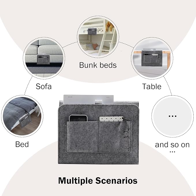 YOUDENOVA Bedside Caddy, Bedside Organizer for Dorm Room, Bunk Bed, Grey