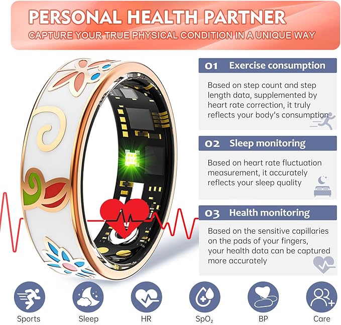 Smart Ring Health Tracker for Women Men, Sleep Tracker with Heart Rate,SpO₂,Blood Pressure, Fitness Ring for Activity Monitoring, No Subscription, Step Tracker Ring for ios&Android (Enamel color, #8)