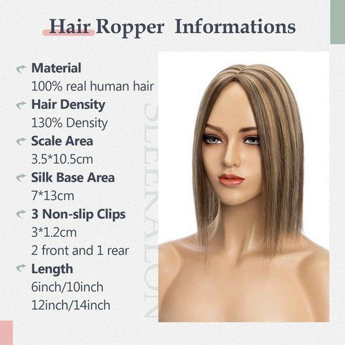 SLEEKALON Human Hair Topper - 150% Density Silk Base Brown Ombre Blonde - No Bangs - Wig Clips (12 Inch, 4P27#)