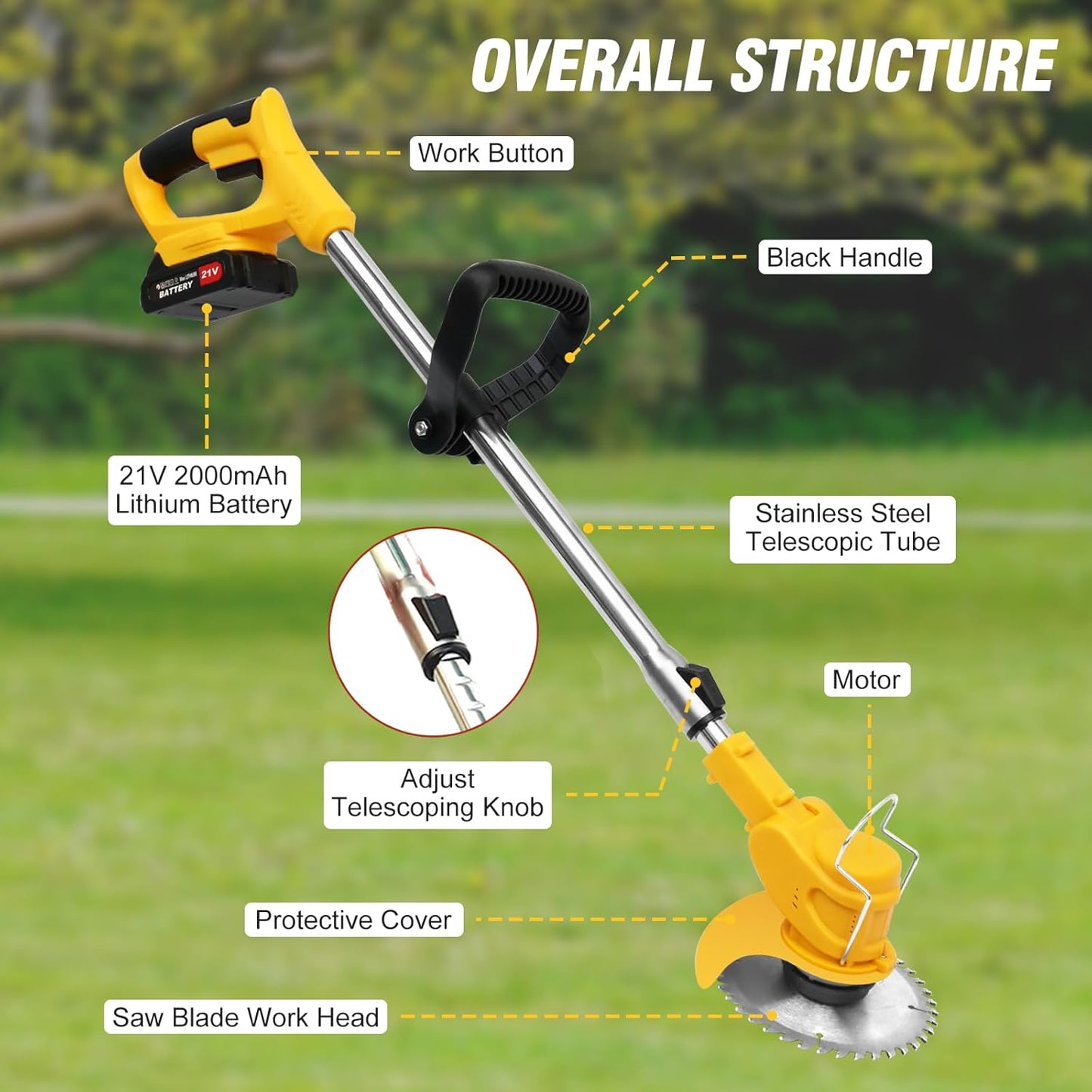 21V Electric Weed Wacker Cordless Grass Trimmer with 2x2000mAh Batteries & Fast Charger, 3 in 1 Stringless Lightweight Brush Cutter/Edger/Mower with 3 Types Blade & Wheels for Garden and Yard Lawn