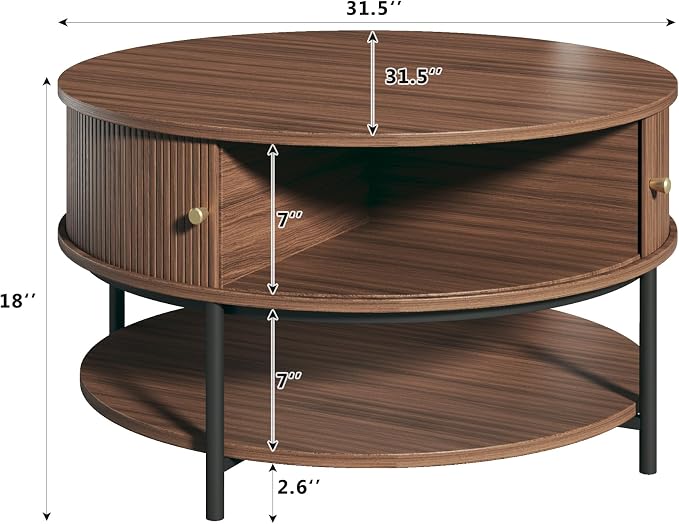HUAHUU 31.5" Round Coffee Table with Storage, Mid Century Modern Coffee Table with Sliding Cabinet Door, Round Metal Legs, 3-Tier Small Round Coffee Tables for Living Room, Walnut