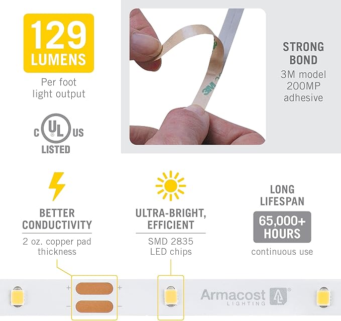 Armacost Lighting RibbonFlex Pro 12V White LED Strip Lights 30 LED/m, 5000K, 16.4 ft 161230