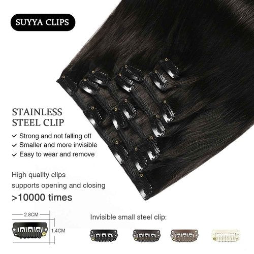 SUYYA Real Human Hair Clip in Extensions - Straight, Double Weft Natural Black Hair - Clip ins 7pcs 120g (18 inches #1B Off Black)