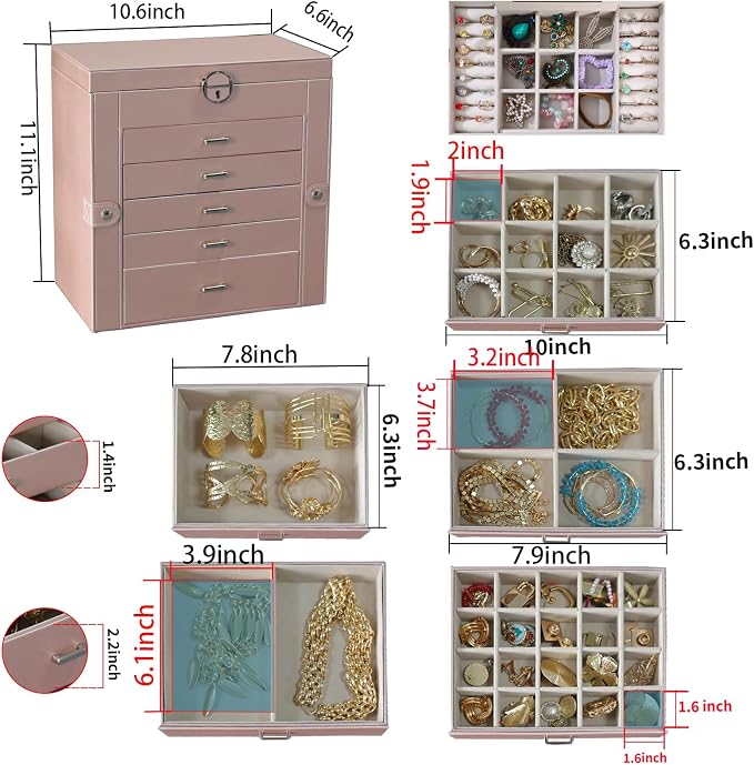 BOOVO Jewelry Box For women, 6 Layer Large Jewelry Organizer With Mirror, Multi-Function Storage Box With Lock, Accessory Holder With 5 Drawers, For Earrings Necklace Ring Bracelet (Rose Gold)