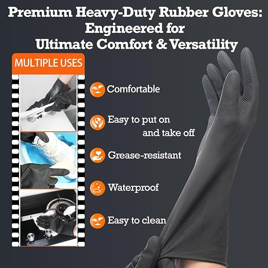 Heavy-Duty Thick Black Rubber Cleaning Gloves, 2 Pairs, XL | Reusable & waterproof black/orange dual layers. Non-slip design for dishwashing, kitchen cleaning, and auto care.