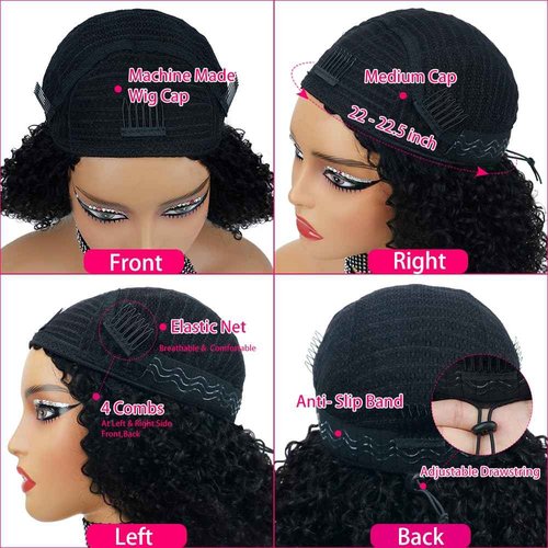 Fuduete 16 Inch Kinky Curly Half Wig Human Hair 200% Density Wear Go Glueless Wigs Human Hair Curly 3 In 1 Half Wigs for Women Drawstring Seamless Flip Headband Wig Beginner Friendly