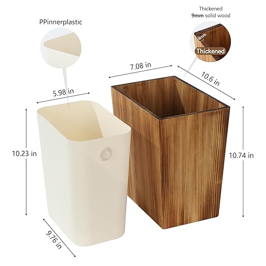 Coeusy 2 Gallon Wooden Trash Can with Liner, Small Bathroom Trash Can, Farmhouse Decorative Narrow Garbage Can, Solid Wood Waste Basket for Bedroom,Office,Toilet
