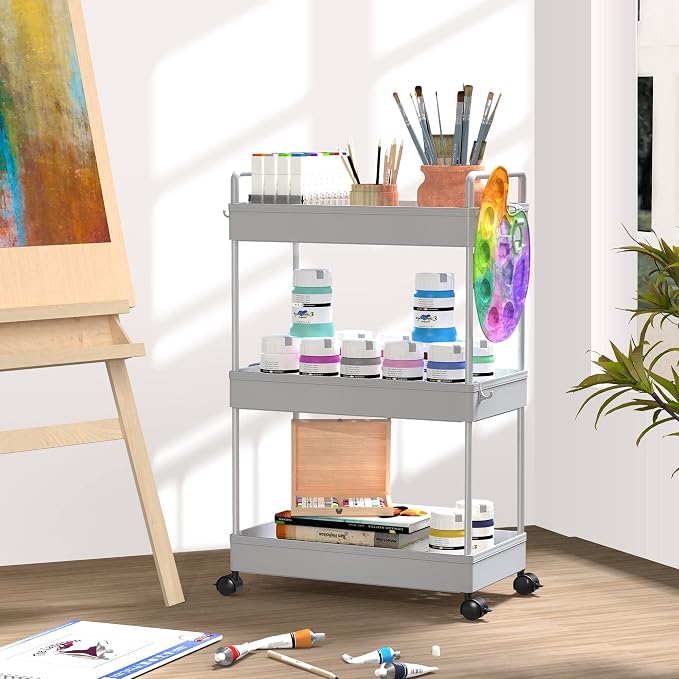 SOLEJAZZ 3 Tier Rolling Storage Cart with Wheels Slim Craft Nail Makeup Snack Art Baby Utility Cart Organizer on 2 Lockable Wheels for Bathroom Laundry Room Kitchen Bedside Narrow Spaces, Gray