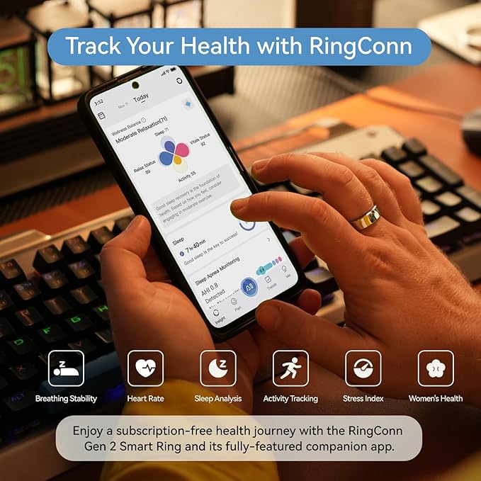RingConn Gen 2, World’s First Smart Ring with Sleep Apnea Monitoring, No APP Subscription, 12-Day Battery Life, Stress/Heart Rate/Women's Health Tracker, Android & iOS Compatible (Silver, Size 7)