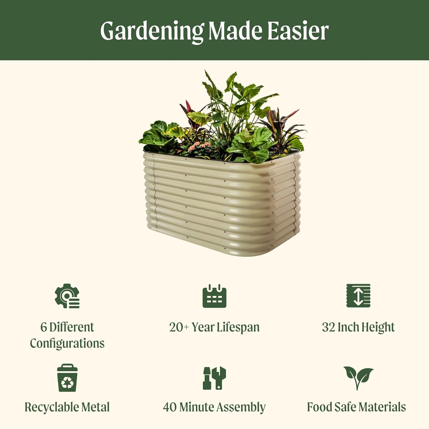 Vego garden 32" Extra Tall Raised Garden Bed Kits, 6 in 1 Modular Raised Planter Box for Vegetables Flowers Fruits Oval Metal Raised Garden Bed- Pearl White