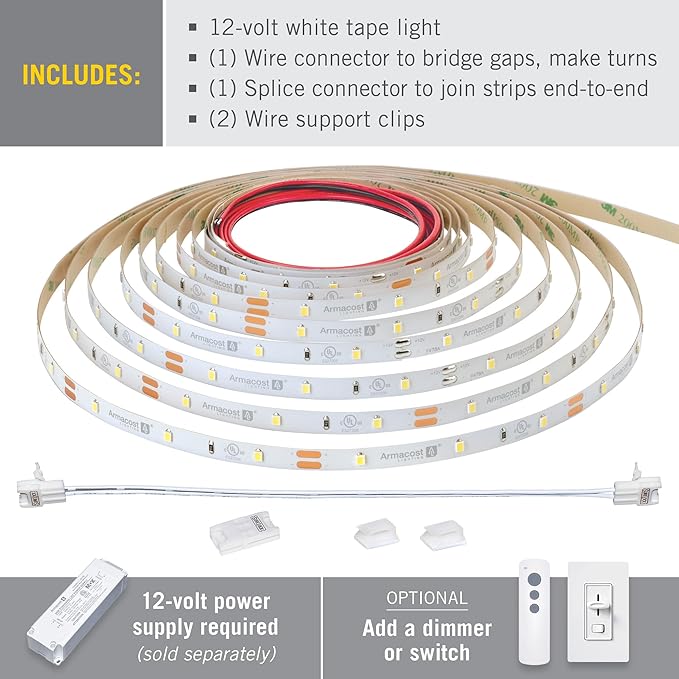 Armacost Lighting RibbonFlex Pro 12V White LED Strip Lights 30 LED/m, 4000K, 8.2 ft 151210