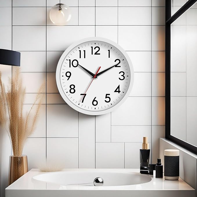 DAXSMY Wall Clock Modern Battery Operated 10 Inch Simpel Silent Non Ticking Analog Decorative for Kitchen Bathroom Bedroom Office Living Room School Classroom(White)