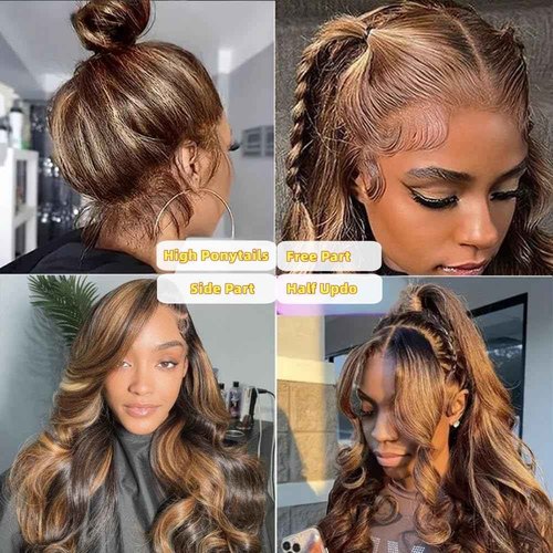 Brofiri 360 HD Lace Front Wigs Human Hair 4/27 Highlight Ombre Body Wave Wig Human Hair Pre Plucked 180 Density Full Lace Frontal Wigs Glueless Hidden Strap Lace Frontal Wig for Women 26 Inch
