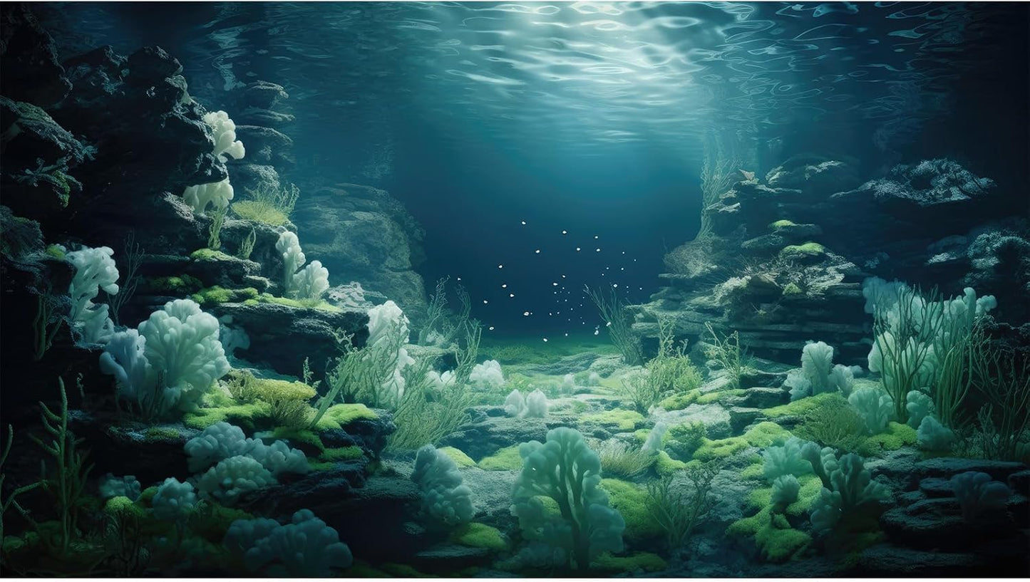 Aquarium Background Underwater Bioluminescent Life Coral Terrarium Backdrop White Coral Lush Moss Fish Tank Background Rock Sunlight Rays Tank Aquarium Wallpaper Poster Vinyl 48x20in