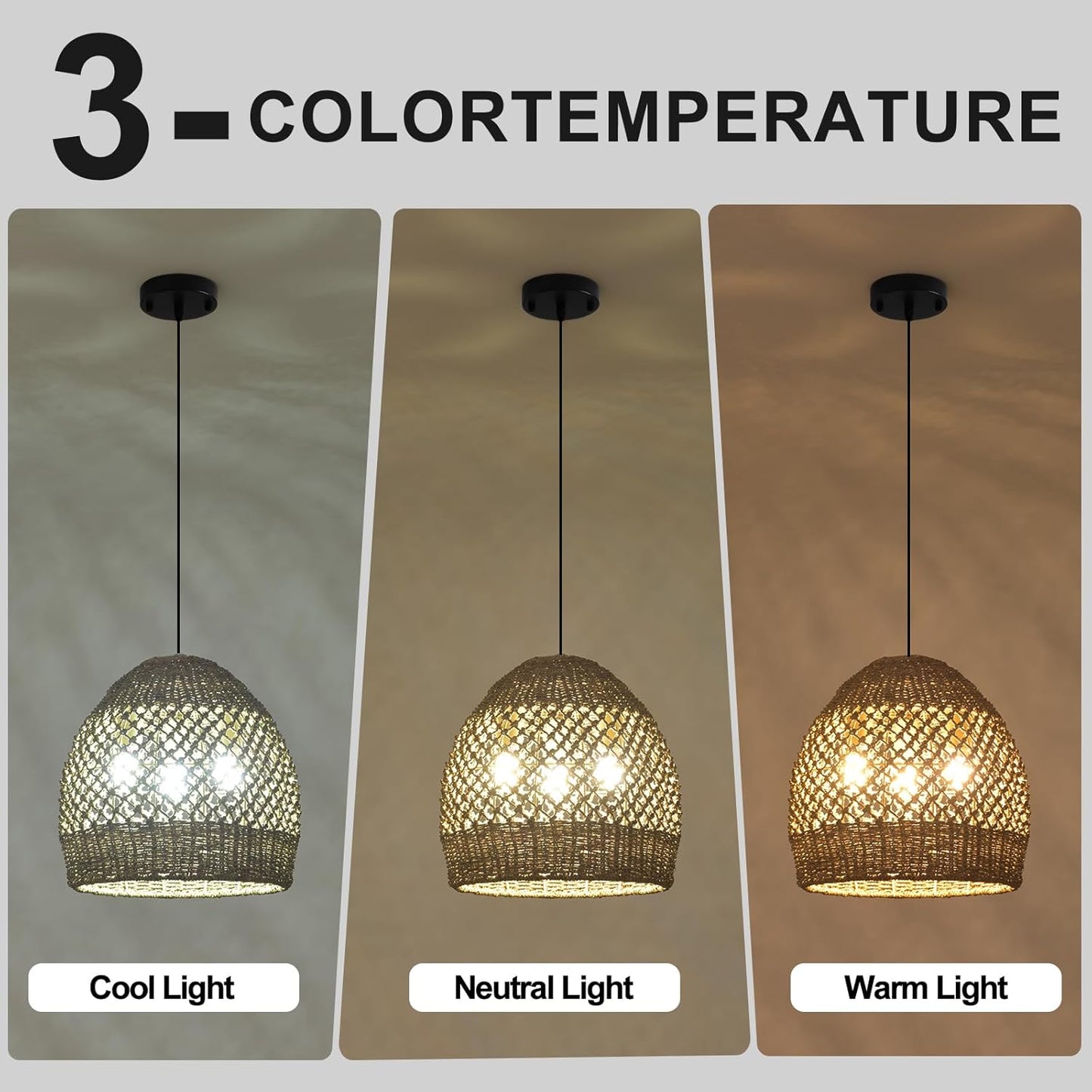 Rattan Pendant Fixtures, 13.39" Boho Wicker Chandelier,3-Light Hand-Woven Seagrass Ceiling Hanging Lights for Kitchen Islands, Dining Rooms, and Farmhouses.