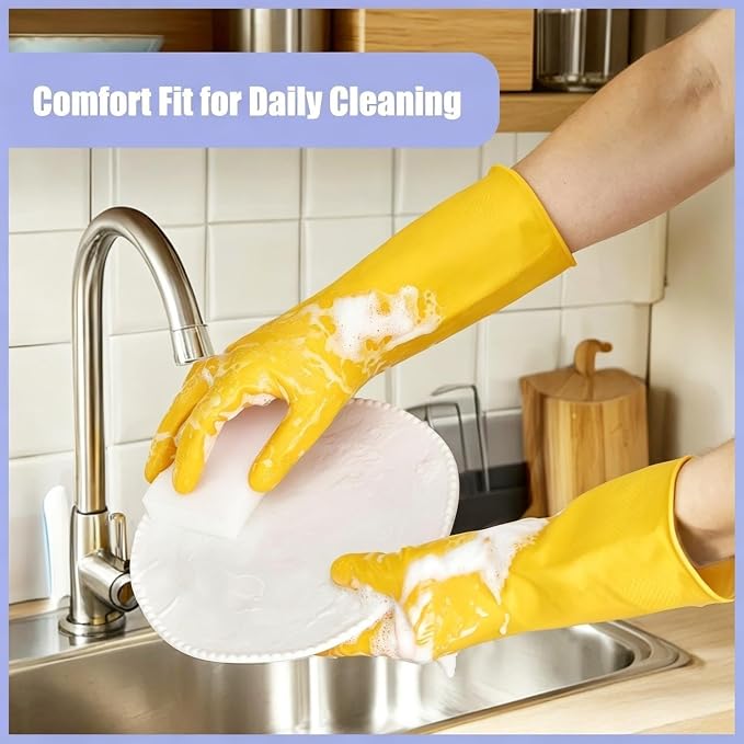 Rubber Kitchen Dishwashing Gloves - 4 Pairs Colorful Reusable Cleaning Gloves for Kitchen Washing Dishes and Household Cleaning(XL, Yellow+Blue)